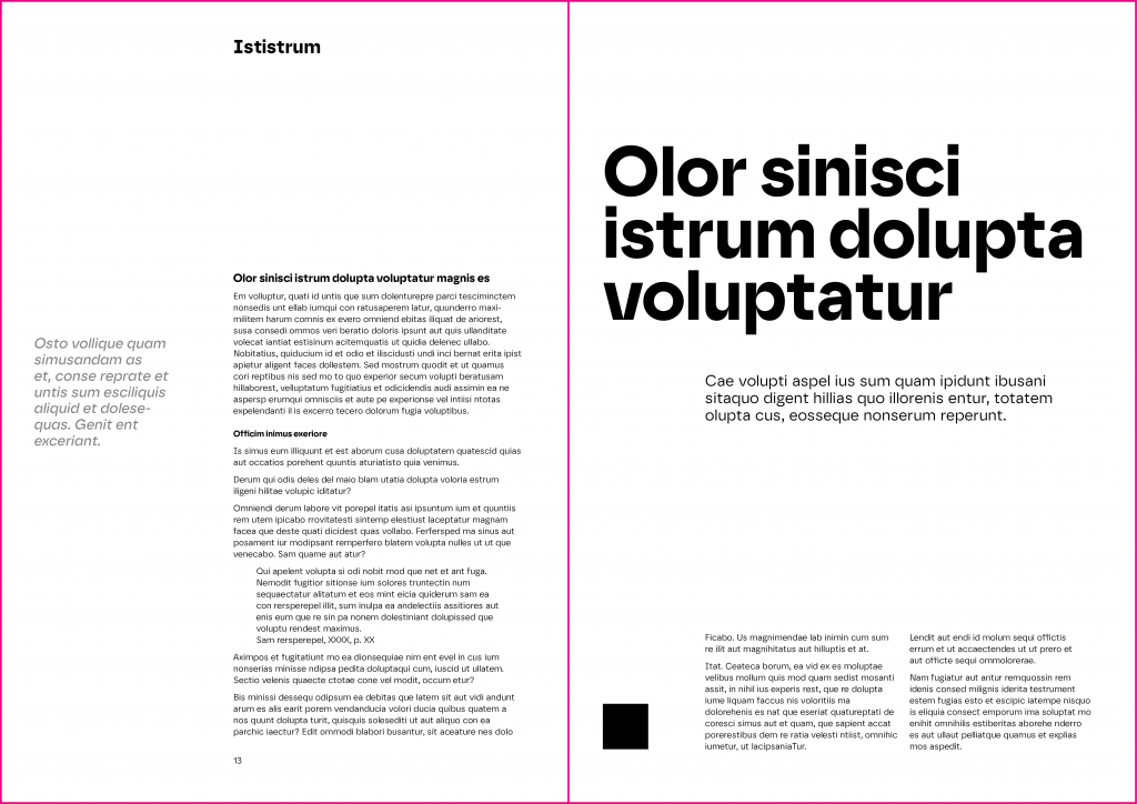 An image showing two schematic pages, on the left is a conventional book layout, on the right is a conventional advertisement layout.